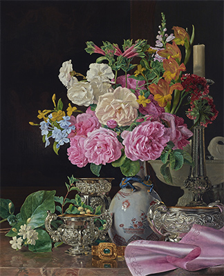 フェルディナント・ゲオルク・ヴァルトミュラー 《磁器の花瓶の花、燭台、銀器》 1839年