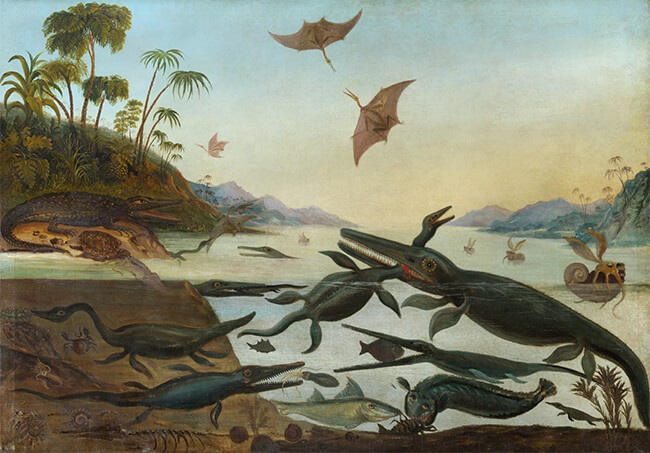 ロバート・ファレン《ジュラ紀の海の生き物—ドゥリア・アンティクィオル(太古のドーセット)》1850年頃 油彩・カンヴァス 190×268cm ケンブリッジ大学セジウィック地球科学博物館 © 2022. Sedgwick Museum of Earth Sciences, University of Cambridge. Reproduced with permission.