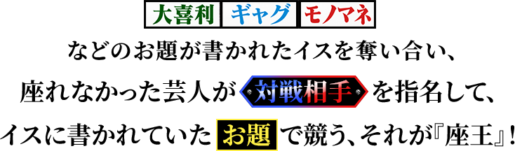 【大喜利】【ギャグ】【モノマネ】などのお題が書かれたイスを奪い合い、座れなかった芸人が対戦相手を指名して、イスに書かれていたお題で競う『座王』。