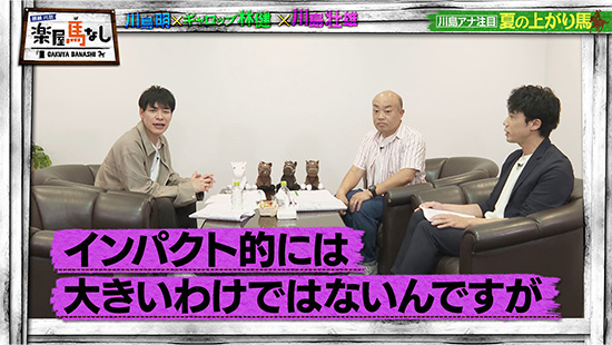 川島明（麒麟）、林健（ギャロップ）、 川島壮雄（関西テレビアナウンサー）