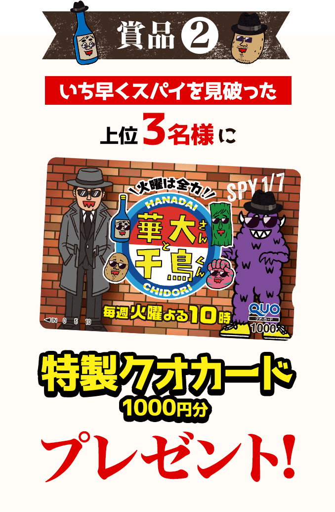 賞品2 いち早くスパイを見破った上位3名様に特製クオカード1000円分プレゼント！
