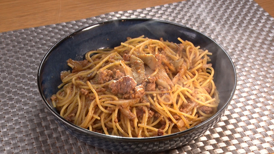ワンパンごぼうミートソースパスタ