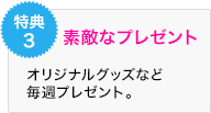 特典3 素敵なプレゼント オリジナルグッズなど 毎週プレゼント。