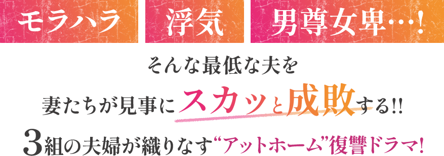 モラハラ 浮気 男尊女卑…！そんな最低な夫を妻たちが見事にスカッと成敗する！！3組の夫婦が織りなす“アットホーム”復習ドラマ！