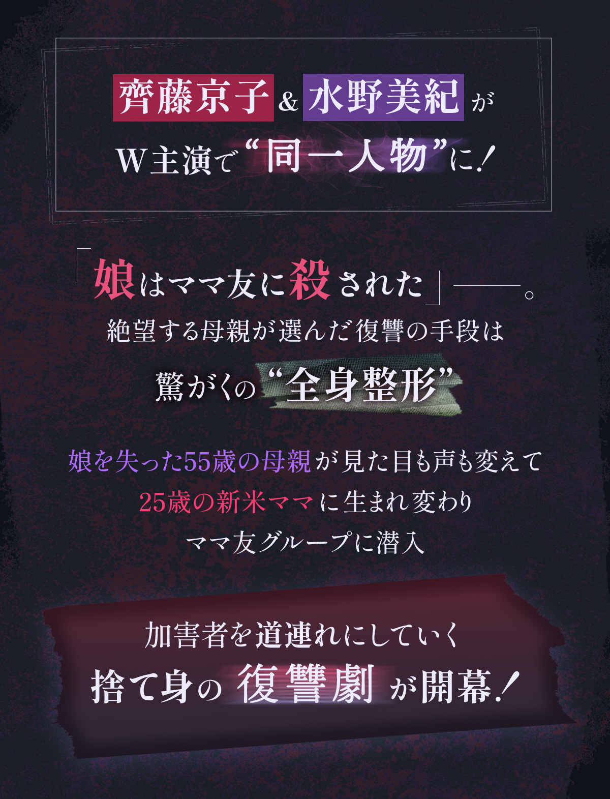 齊藤京子＆水野美紀がW主演で“同一人物”に! 「娘はママ友に殺された」——。絶望する母親が選んだ復讐の手段は驚がくの“全身整形” 娘を失った55歳の母親が見た目も声も変えて25歳の新米ママに生まれ変わりママ友グループに潜入 加害者を道連れにしていく捨て身の復讐劇が開幕!