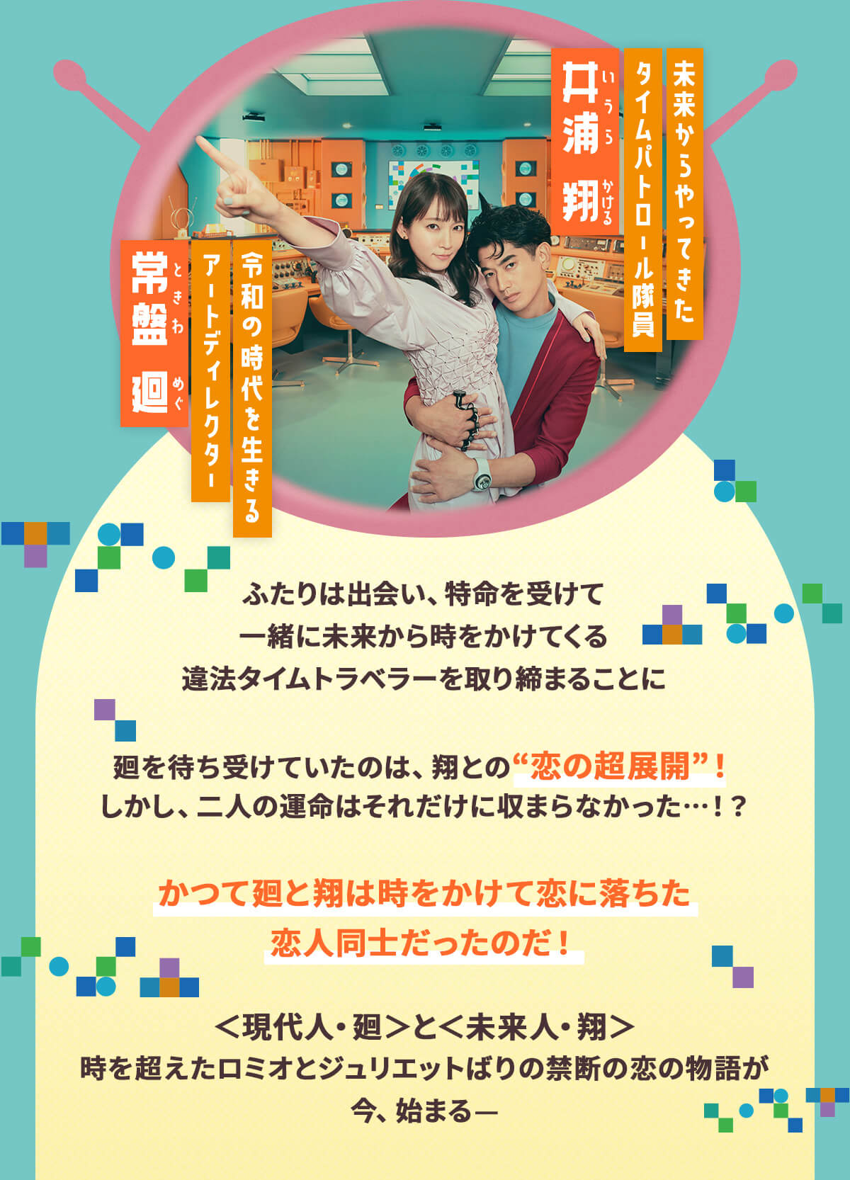 令和の時代を生きるアートディレクター 常盤 廻 未来からやってきたタイムパトロール隊員 井浦 翔 ふたりは出会い、特命を受けて一緒に未来から時をかけてくる違法タイムトラベラーを取り締まることに 廻を待ち受けていたのは、翔との“恋の超展開”！ しかし、二人の運命はそれだけに収まらなかった…！？ かつて廻と翔は時をかけて恋に落ちた恋人同士だったのだ！ ＜現代人・廻＞と＜未来人・翔＞時を超えたロミオとジュリエットばりの禁断の恋の物語が今、始まる-